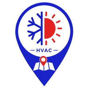 HVAC logo with blue location pin, red sun and blue snowflake, and technician icon