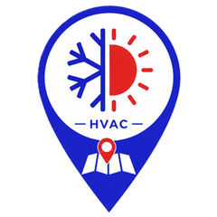 HVAC logo with blue location pin, red sun and blue snowflake, and technician icon