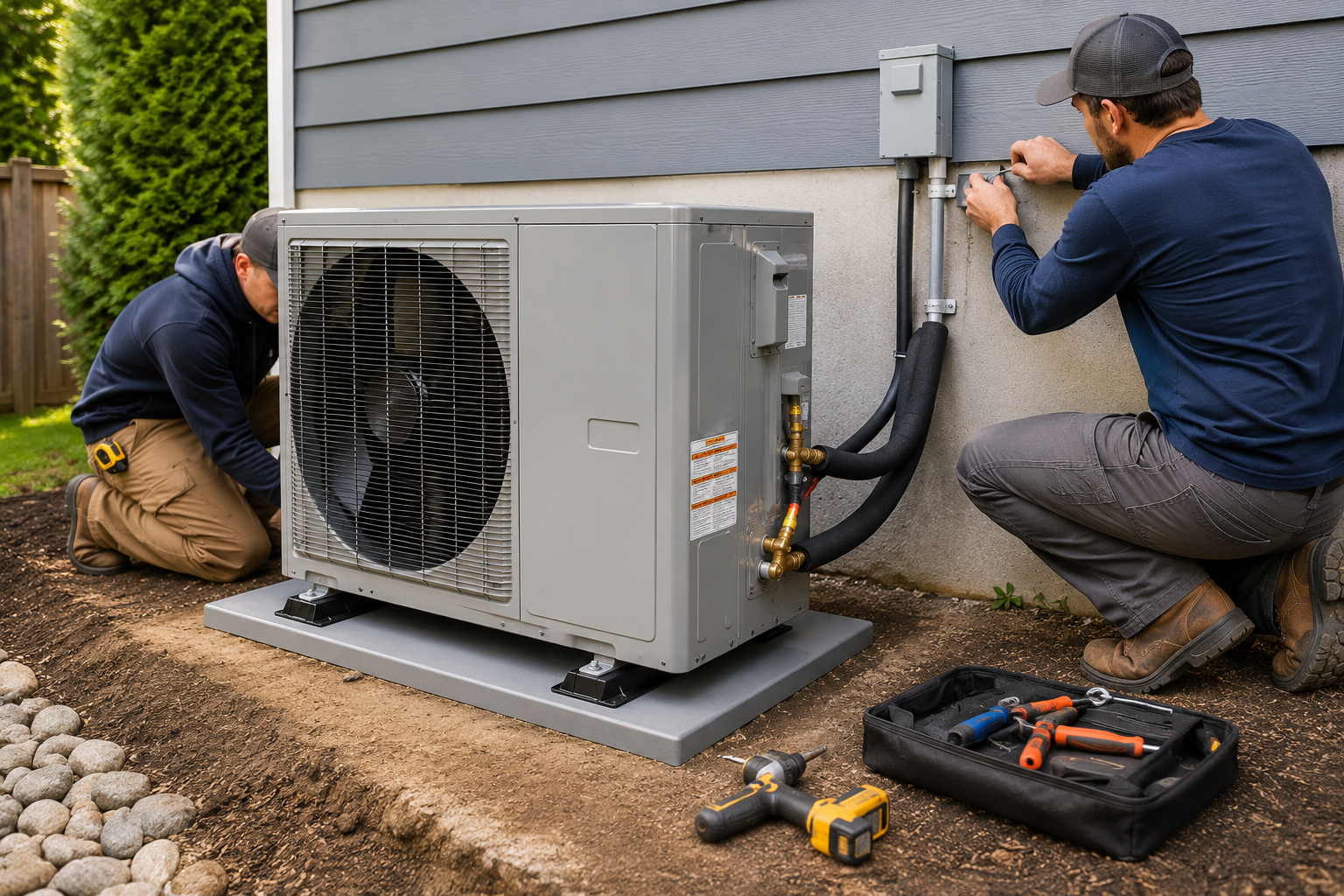 Technicians installing an outdoor air conditioner unit beside a house with tools on the ground