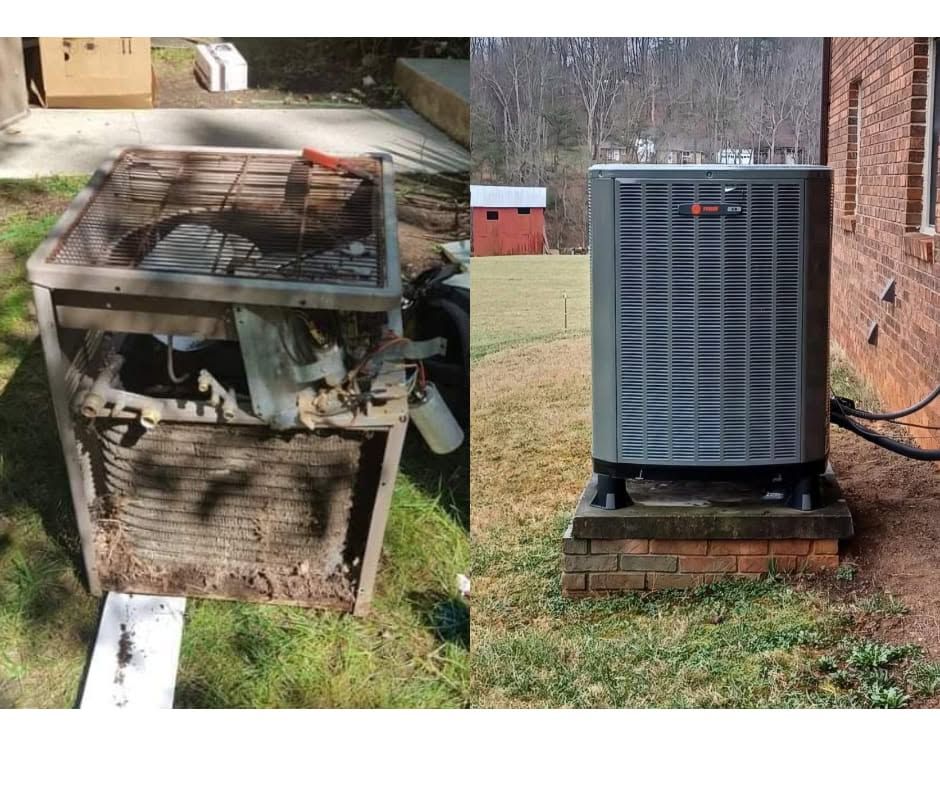 Damaged outdoor HVAC unit beside a brick house, next to an intact condenser on a grassy lawn.