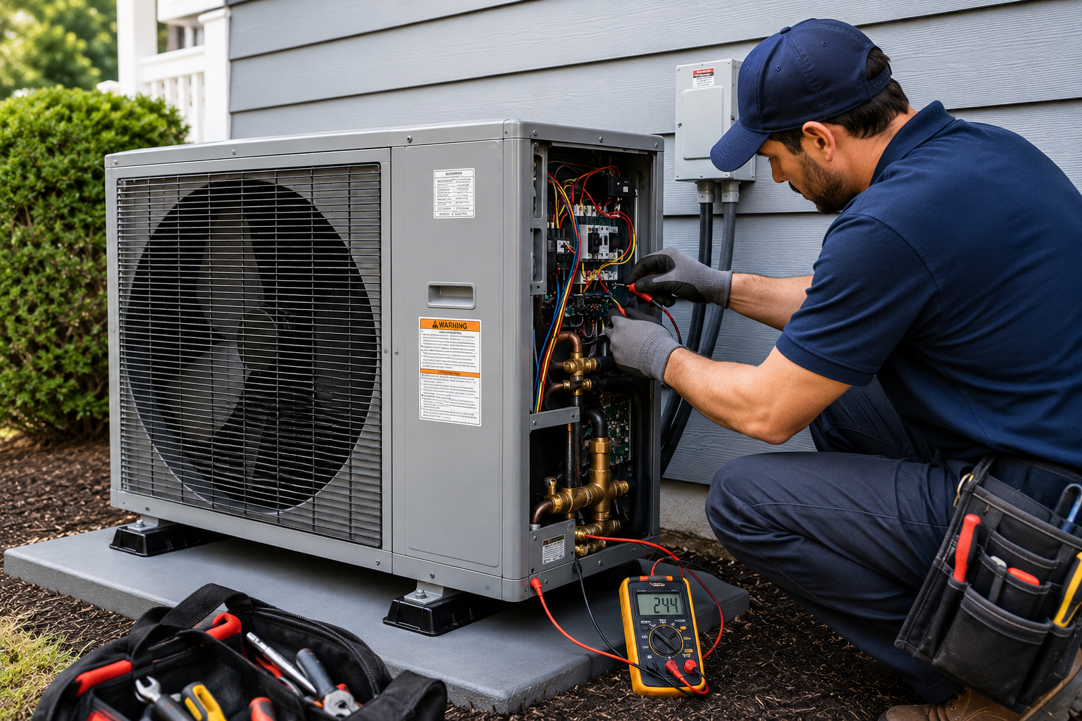 Technician repairing an outdoor HVAC unit beside a house, using tools with gauges and wiring exposed