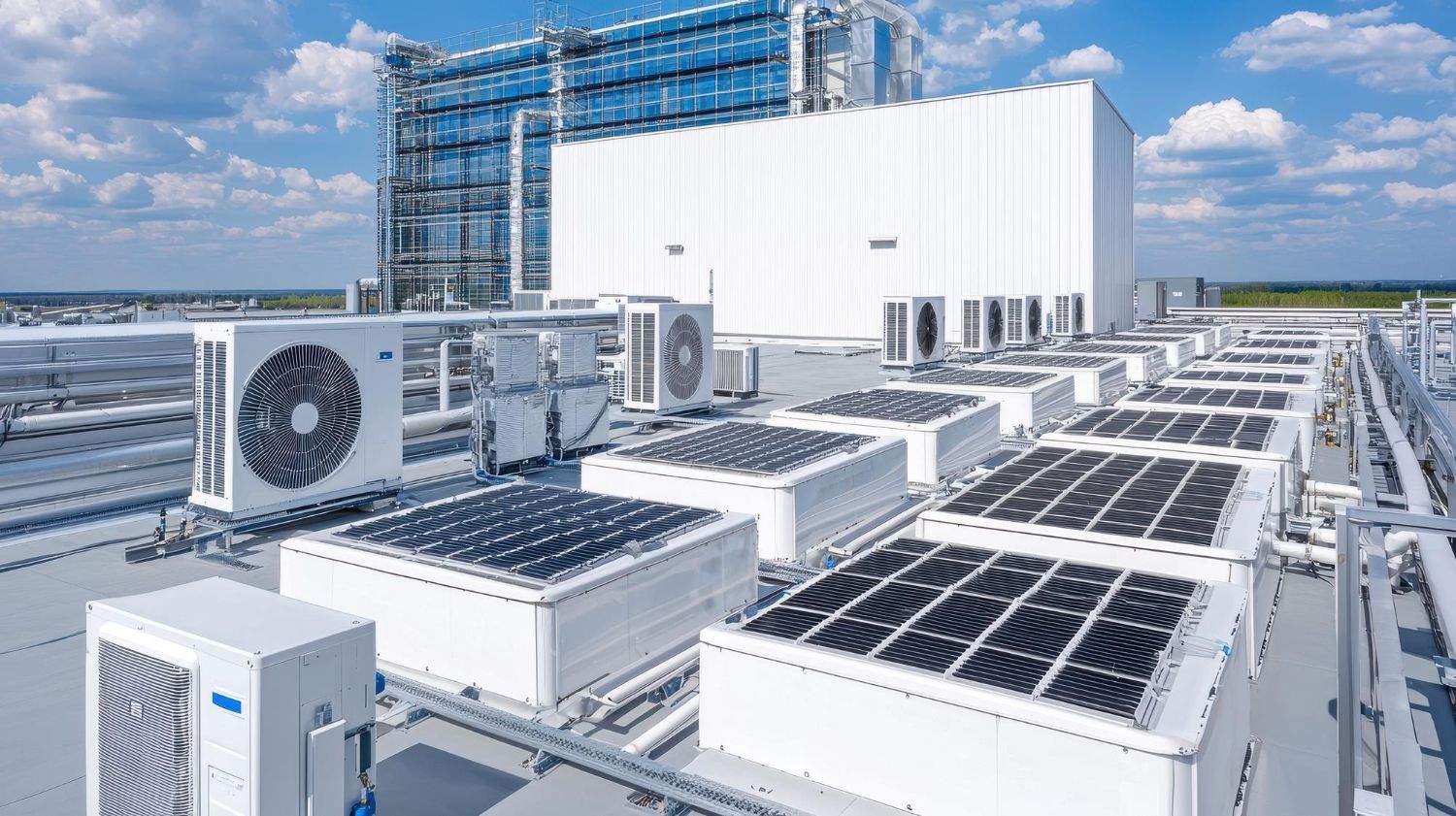 Rooftop HVAC units and ducts beside a large white industrial building under a blue sky