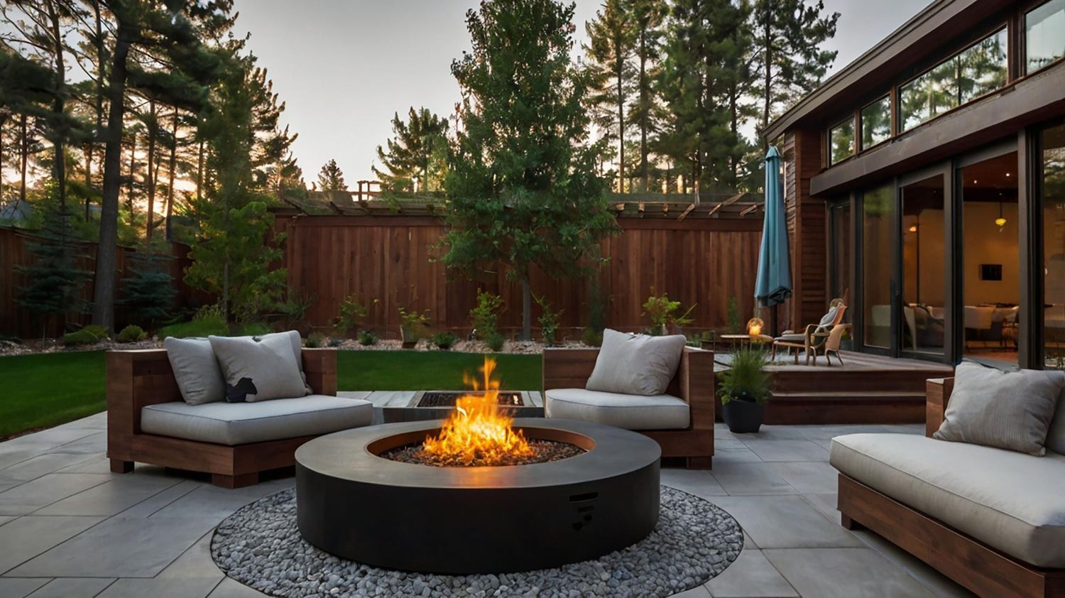 Modern backyard patio with a fire pit, cushioned seating, and a glass-walled house at dusk
