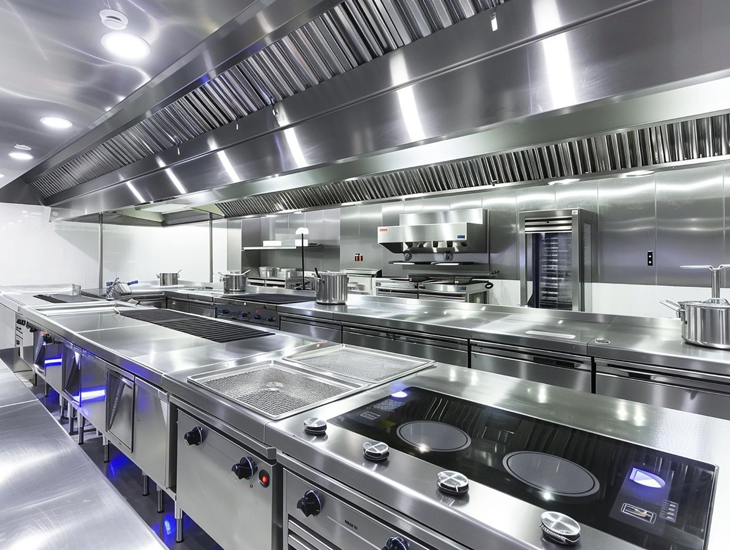 Modern stainless steel commercial kitchen with stovetops, prep counters, and ventilation hoods