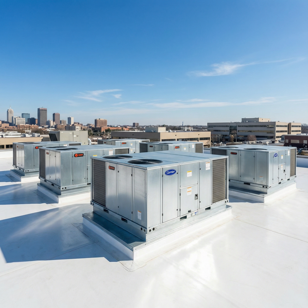 Rooftop HVAC units on a snow-covered building with a city skyline under a blue sky
