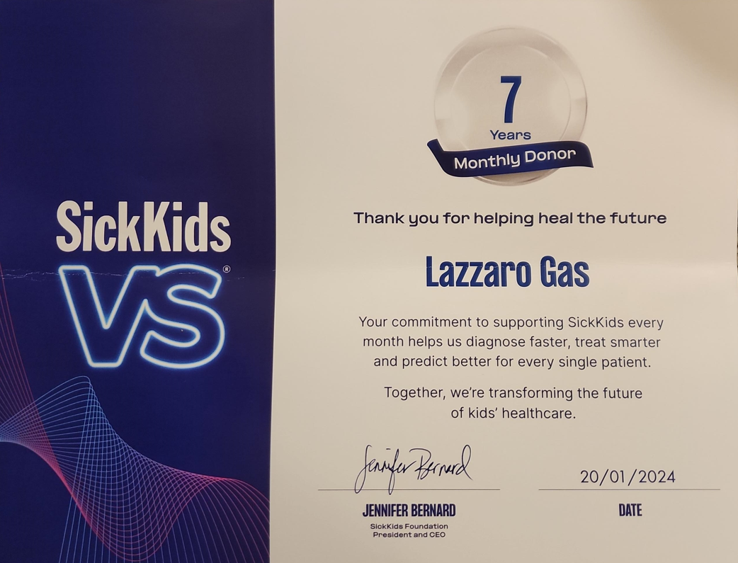 A certificate that says sickkids vs lazzaro gas
