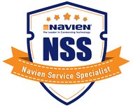 Navien NSS shield logo with orange ribbon reading “Navien Service Specialist”