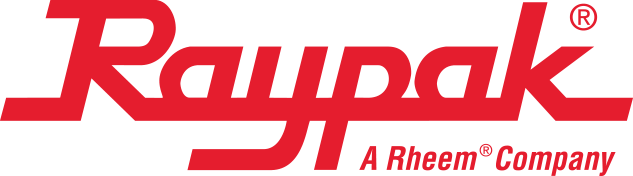 Raypak logo in red with “A Rheem Company” in black on a white background