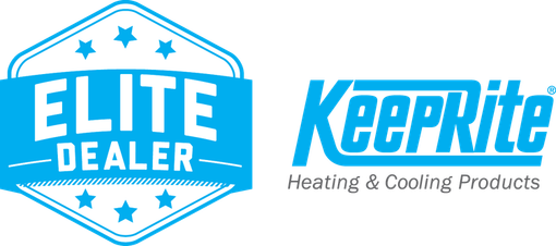 Blue “Elite Dealer” badge beside KeepRite Heating & Cooling Products logo