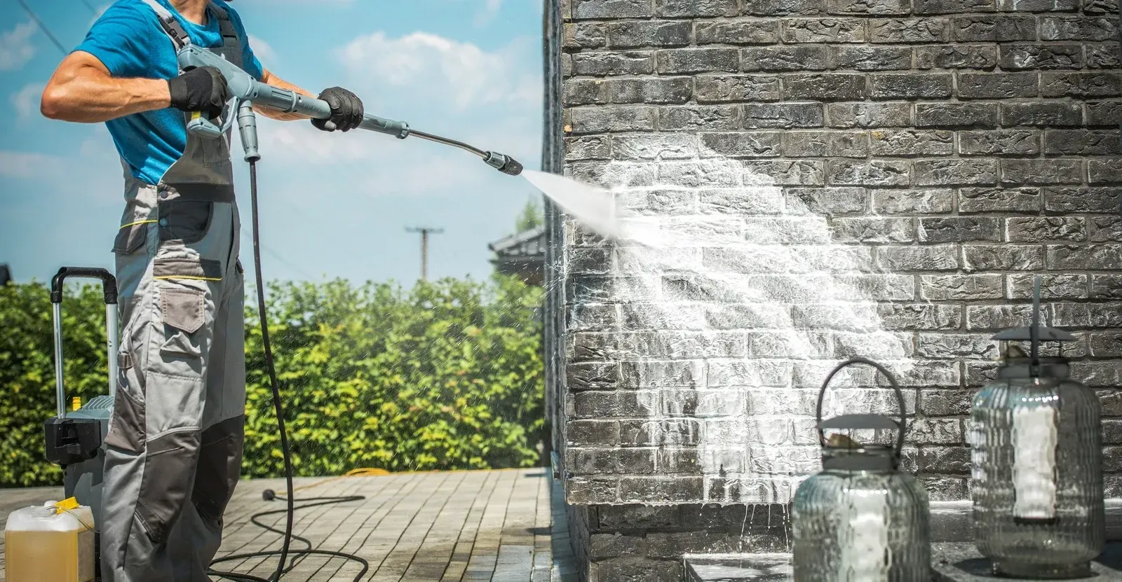 A pressure washer sprays water onto a brick surface, cleaning the grime. The cleaned area is lighter in color.