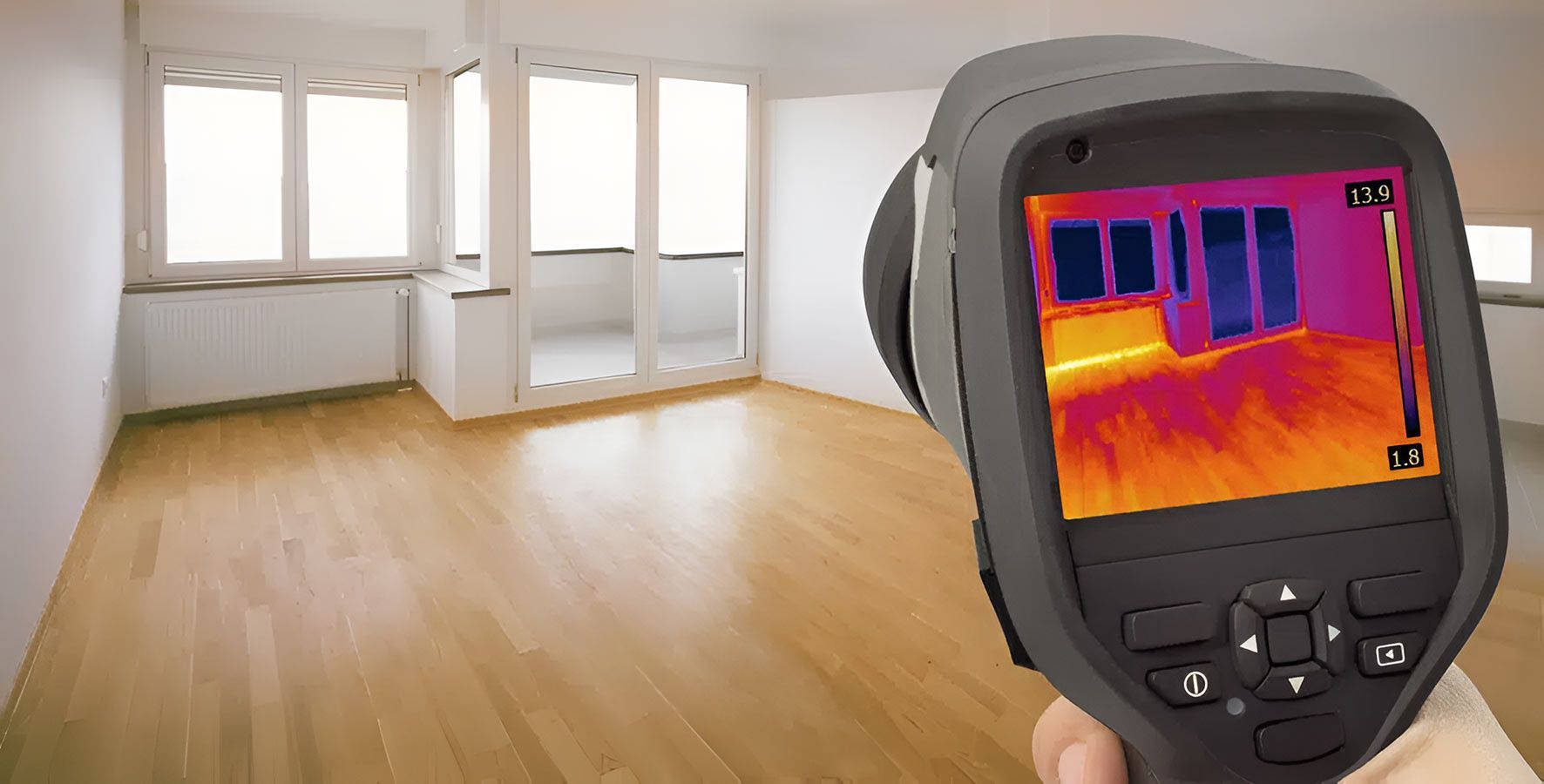 A Person Is Holding A Thermal Camera In Front Of An Empty Room — Tweed Heads Leak Detection in Casuarina, NSW