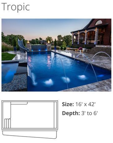 Tropic inground pool with blue water, fountains, spa, and patio; size 16' x 42', depth 3' to 6'