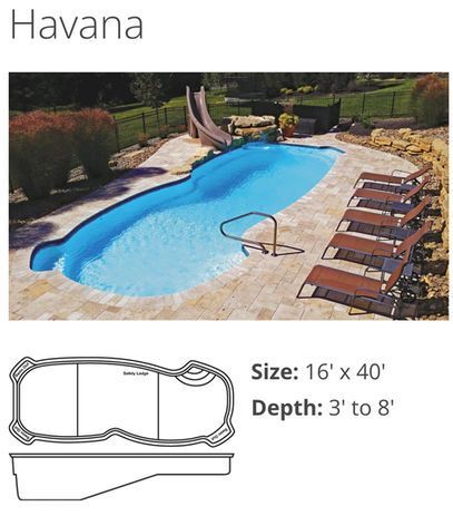 Havana inground pool with blue water, slide, lounge chairs, and size 16' x 40' with 3' to 8' depth.