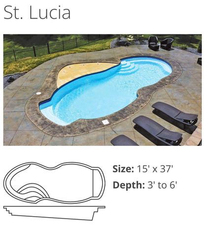 St. Lucia pool layout with blue freeform pool, stone deck, and dimensions 15' x 37', depth 3' to 6'.