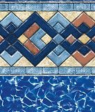 Decorative pool tile border with blue, tan, and peach geometric diamond patterns above rippling blue water
