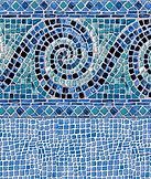 Blue mosaic wall with two spiral patterns and a tiled lower border