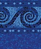 Blue mosaic pattern with two black spiral swirls and a textured blue lower section