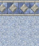 Blue and gold decorative tile border with diamond motifs above a speckled blue wall