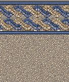 Blue-and-gold woven border above a beige textured background pattern