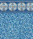 Blue decorative tile wall with a patterned border and mosaic-like lower section