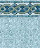 Blue mosaic pattern with interwoven border and speckled light-blue background