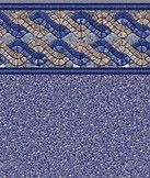 Blue and gray geometric mosaic with a decorative wavy border above a speckled stone-like pattern