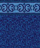 Blue patterned fabric with a decorative border trim at the top