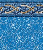 Blue swimming pool water with a patterned tile border at the top