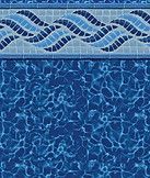 Blue pool water with a decorative white mosaic border and rippling surface texture