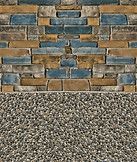 Stone and brick wall above a gravel or pebble ground surface