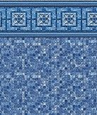 Blue patterned tile wall with decorative border and mosaic center