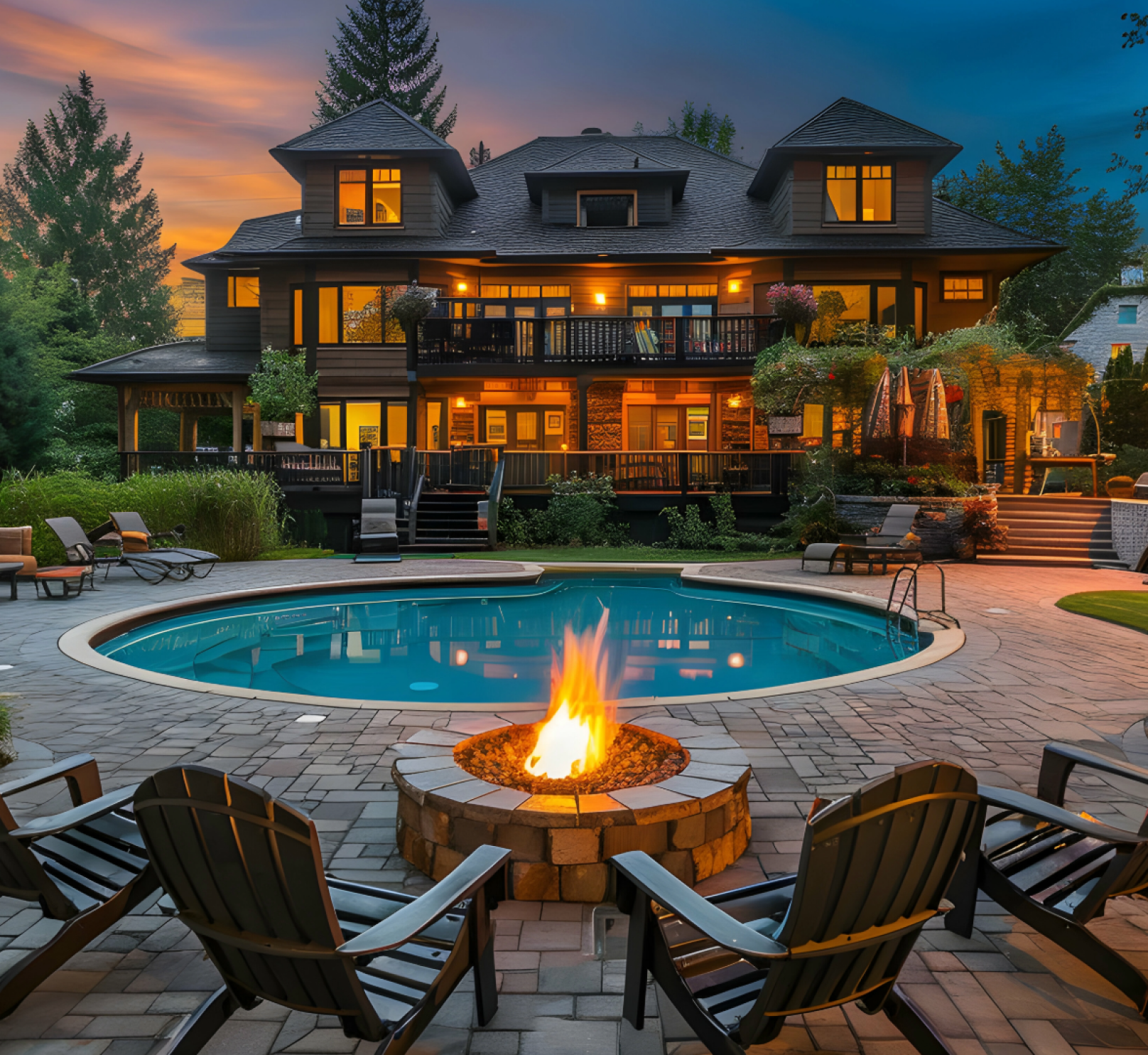 A large house with a swimming pool and a fire pit in front of it