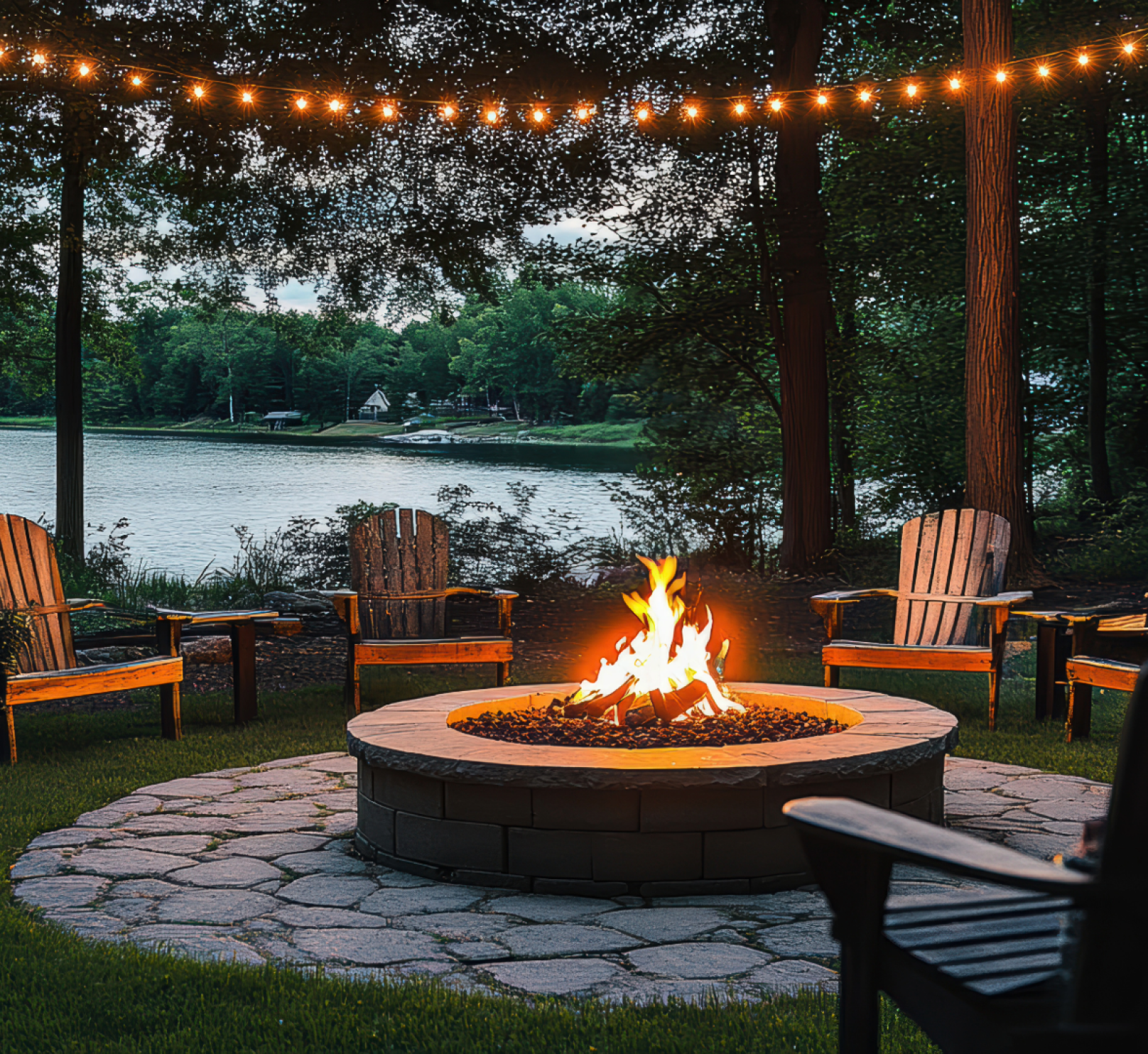A fire pit with chairs around it and a lake in the background
