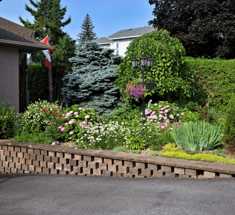A brick wall surrounds a lush green garden