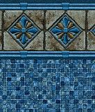 Blue mosaic pool wall with decorative tile band and geometric star patterns