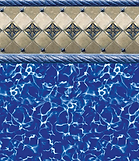 Blue swimming pool water with a beige diamond-pattern tile border at the top