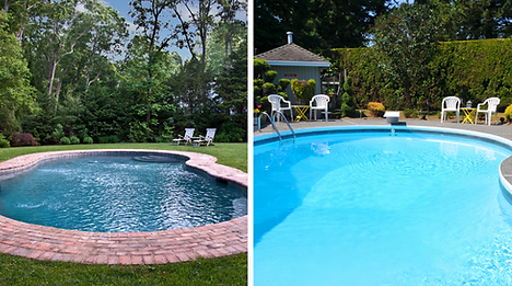 Backyard swimming pools: one empty, one filled with bright blue water and patio chairs.