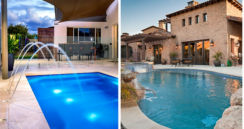 Luxury backyard pool with blue water, modern patio, and stone villa at sunset