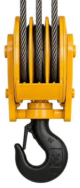 Yellow industrial crane pulley block with black hook and cable