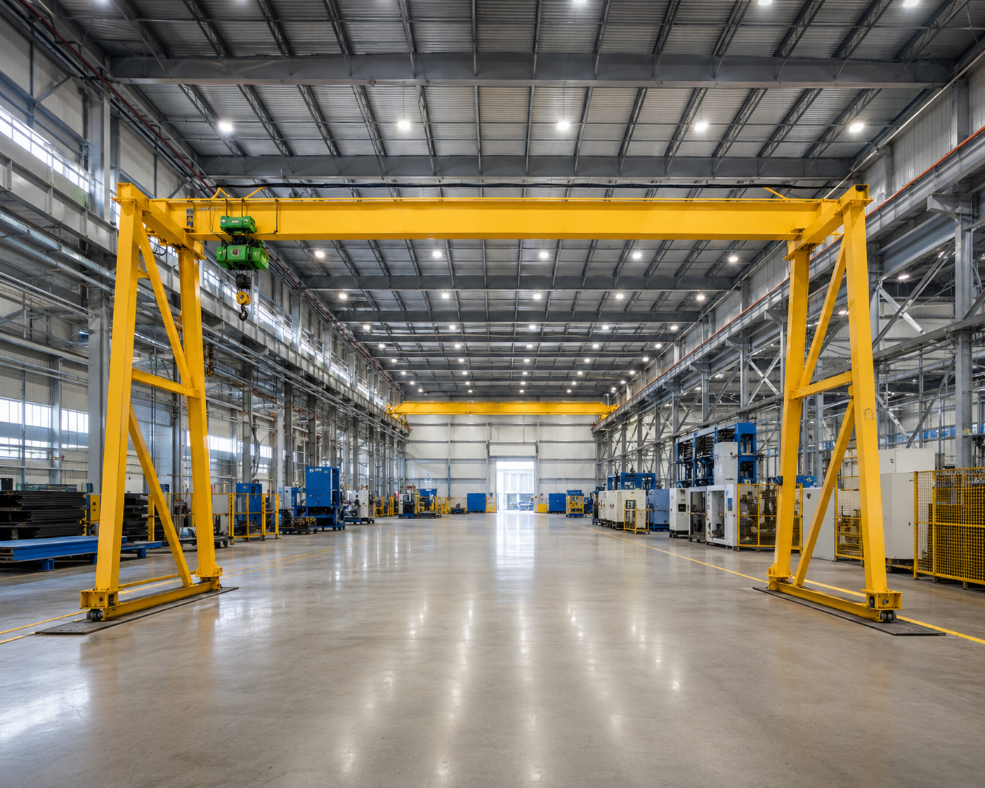 Spacious industrial warehouse with yellow gantry cranes and a polished concrete floor