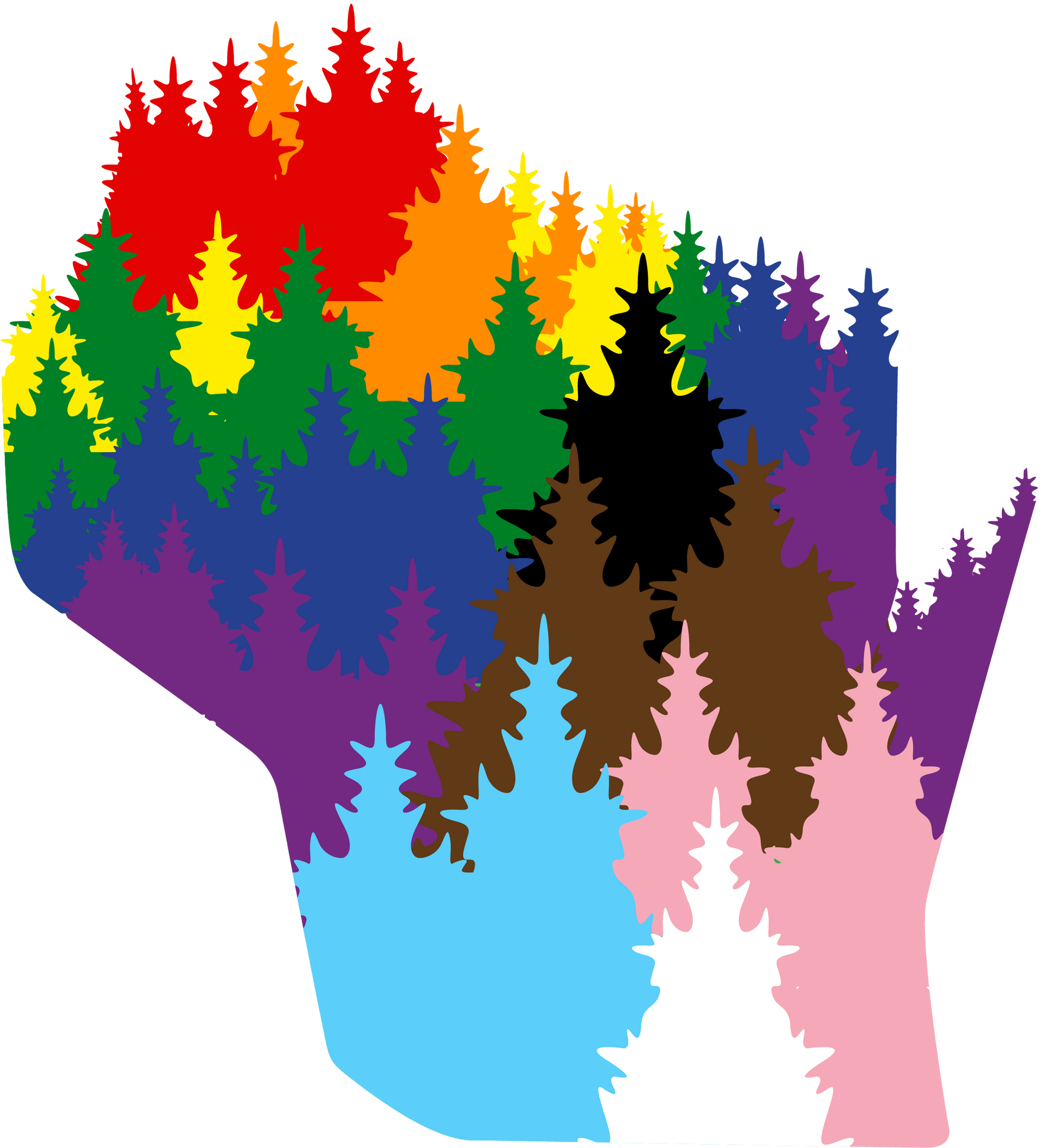Wisconsin outline filled with rainbow-colored evergreen trees, celebrating Pride.