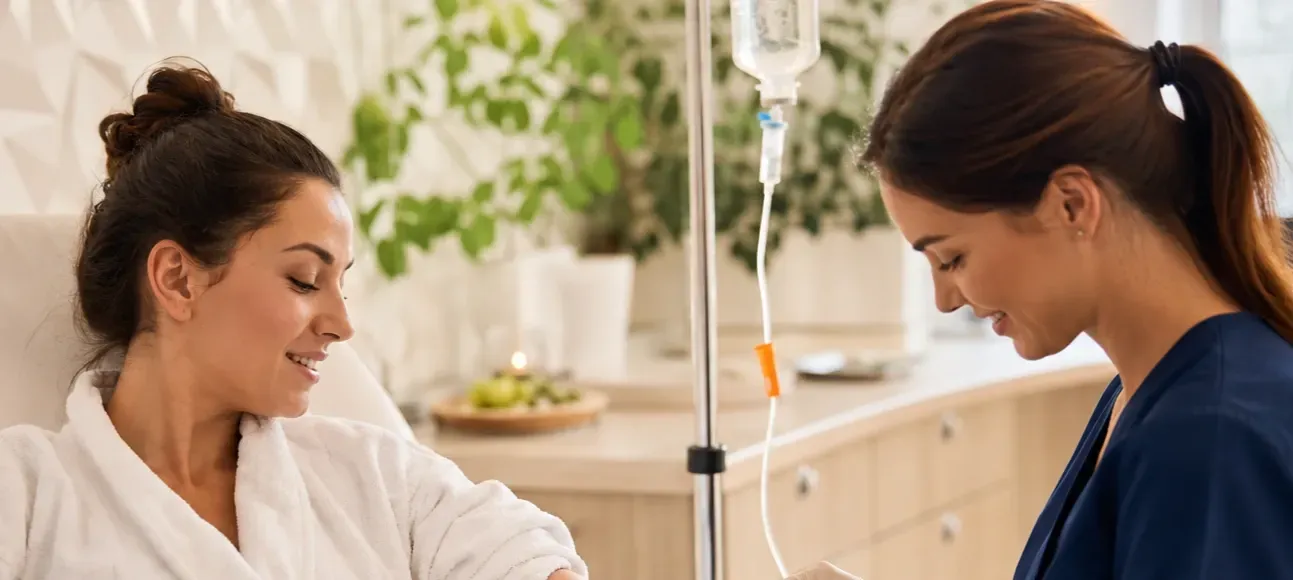 Two women in a hospital room talking beside an IV stand, one smiling and one looking down