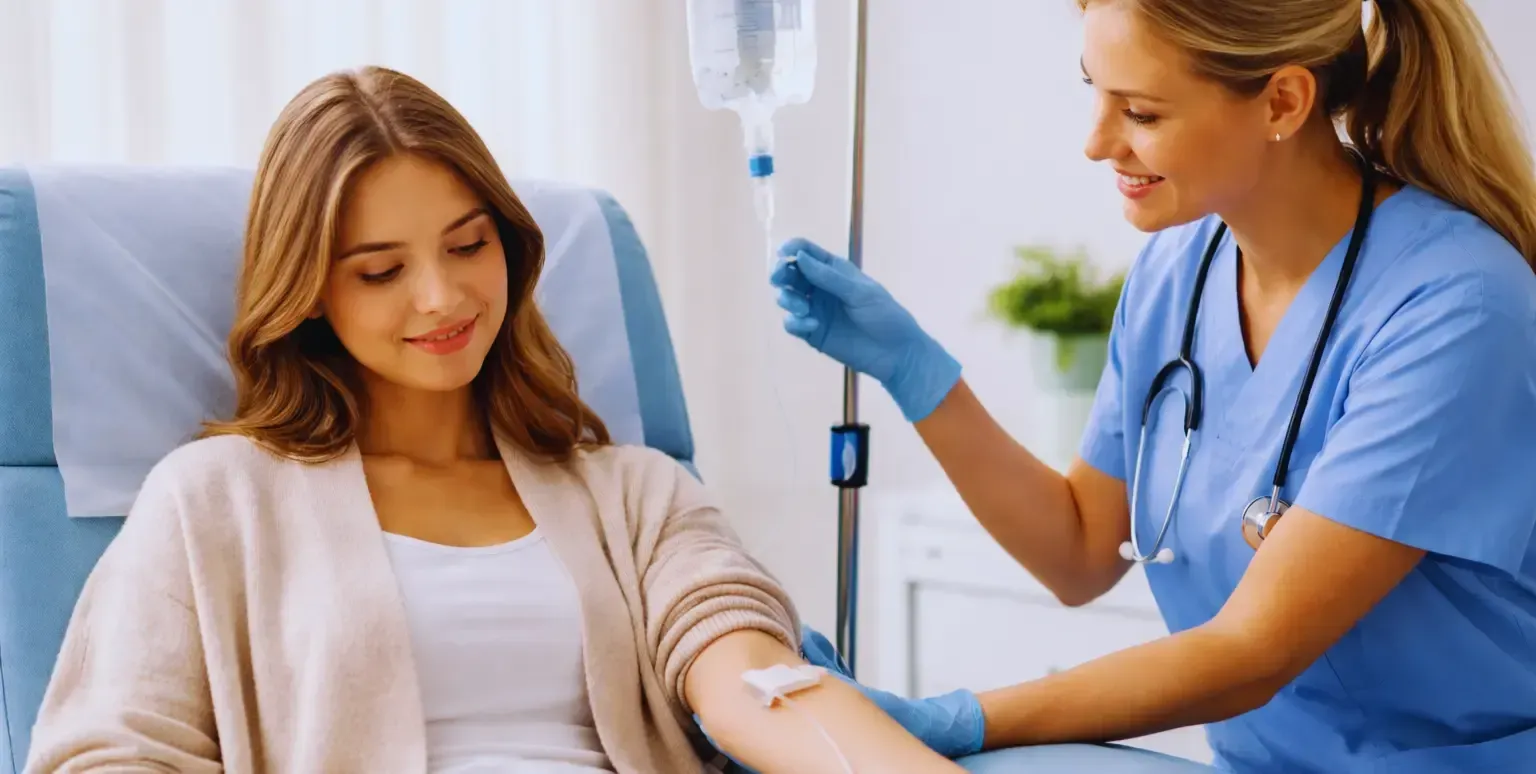 Nurse preparing an IV for a seated patient in a bright clinic room