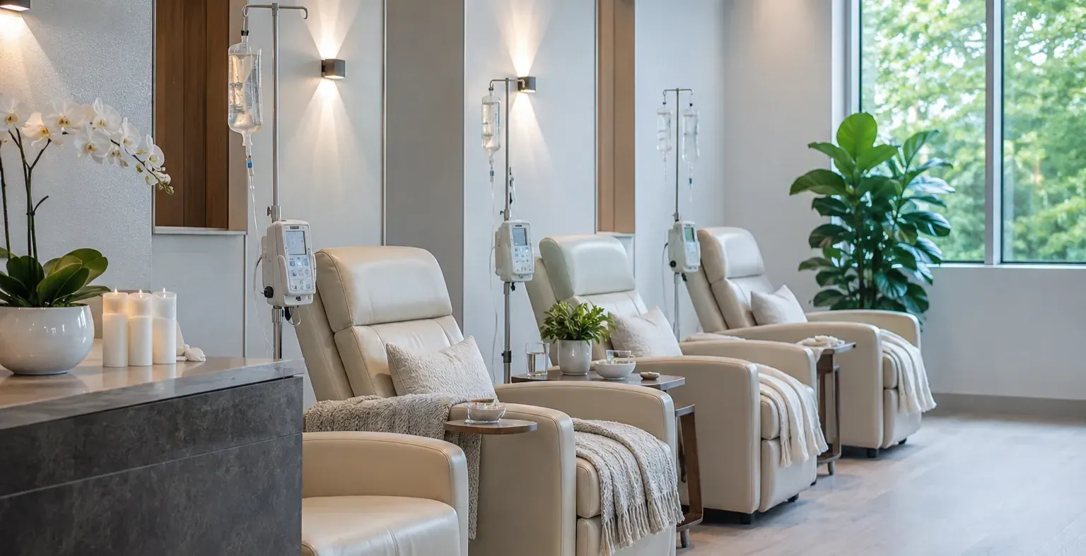 Elegant spa waiting area with cream chairs, soft lighting, wall candles, and a large window with greenery