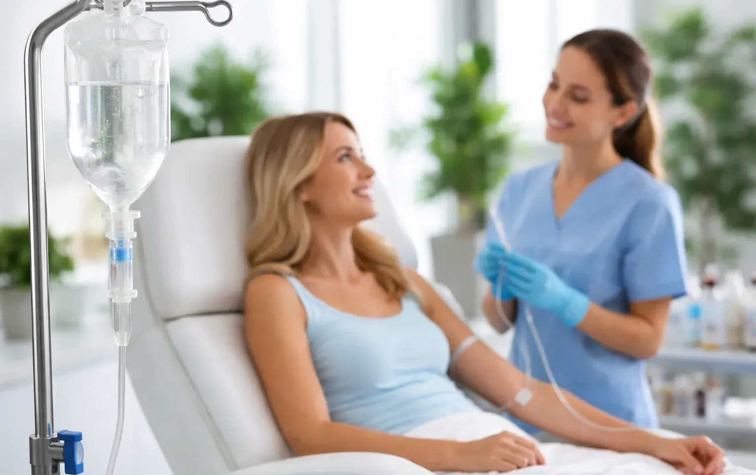 Patient receiving IV treatment while nurse stands nearby in a bright clinic room