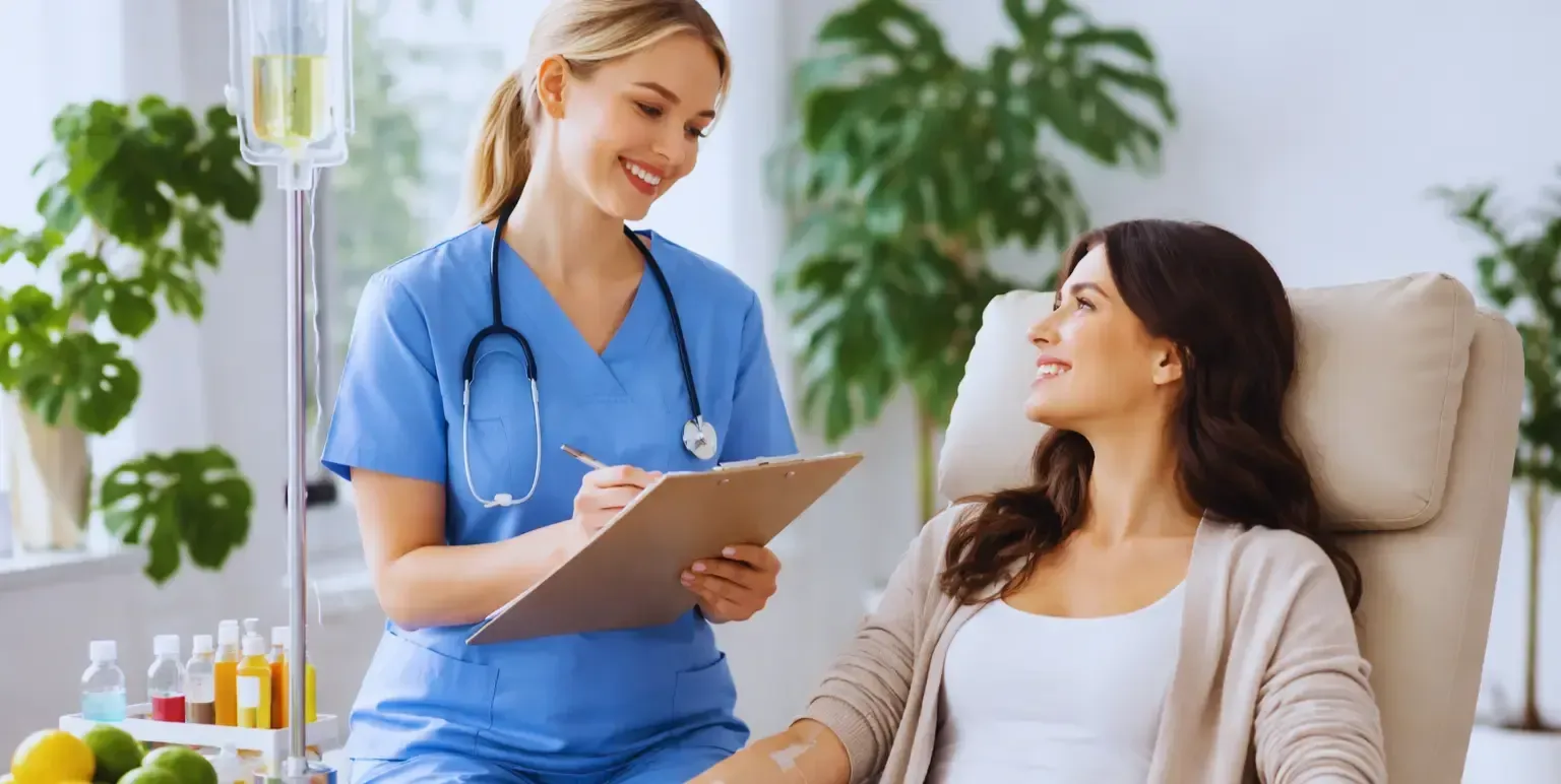 Doctor talking with patient in a bright clinic, holding a clipboard while seated patient listens
