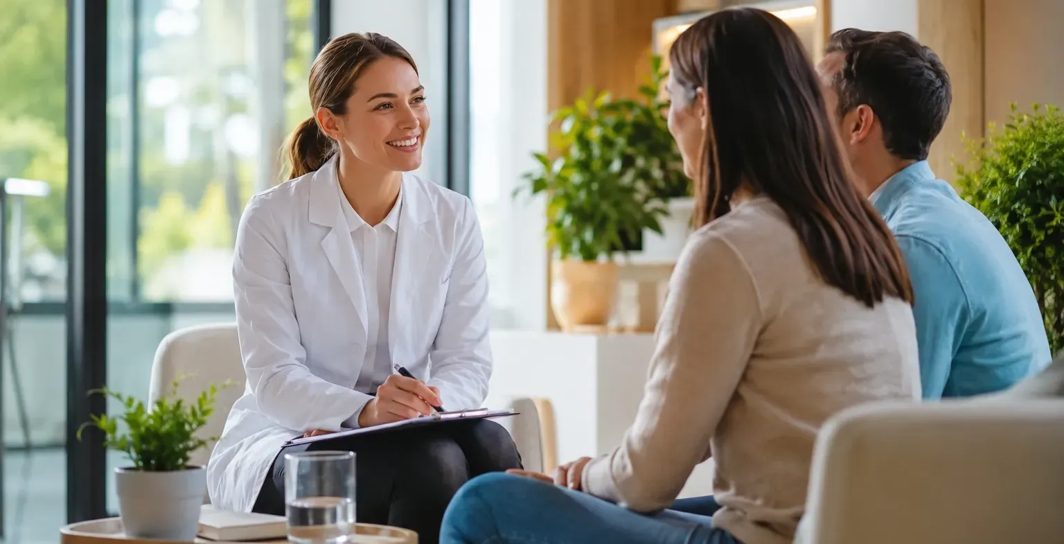 Three people talking in a bright office lounge, with one woman smiling in a white blouse.