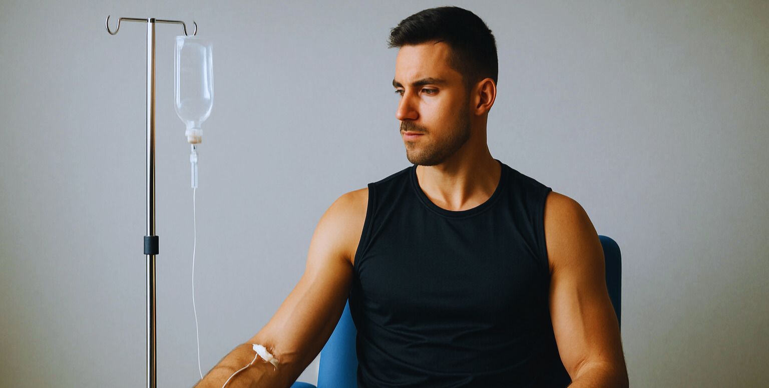 Man seated beside an IV drip, wearing a black sleeveless shirt, looking to the side.