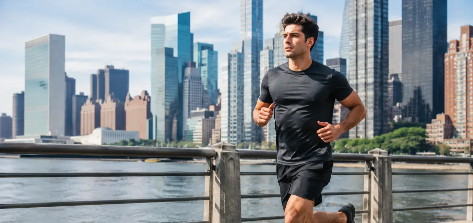 Runner in black athletic wear jogging along a waterfront with a city skyline in the background