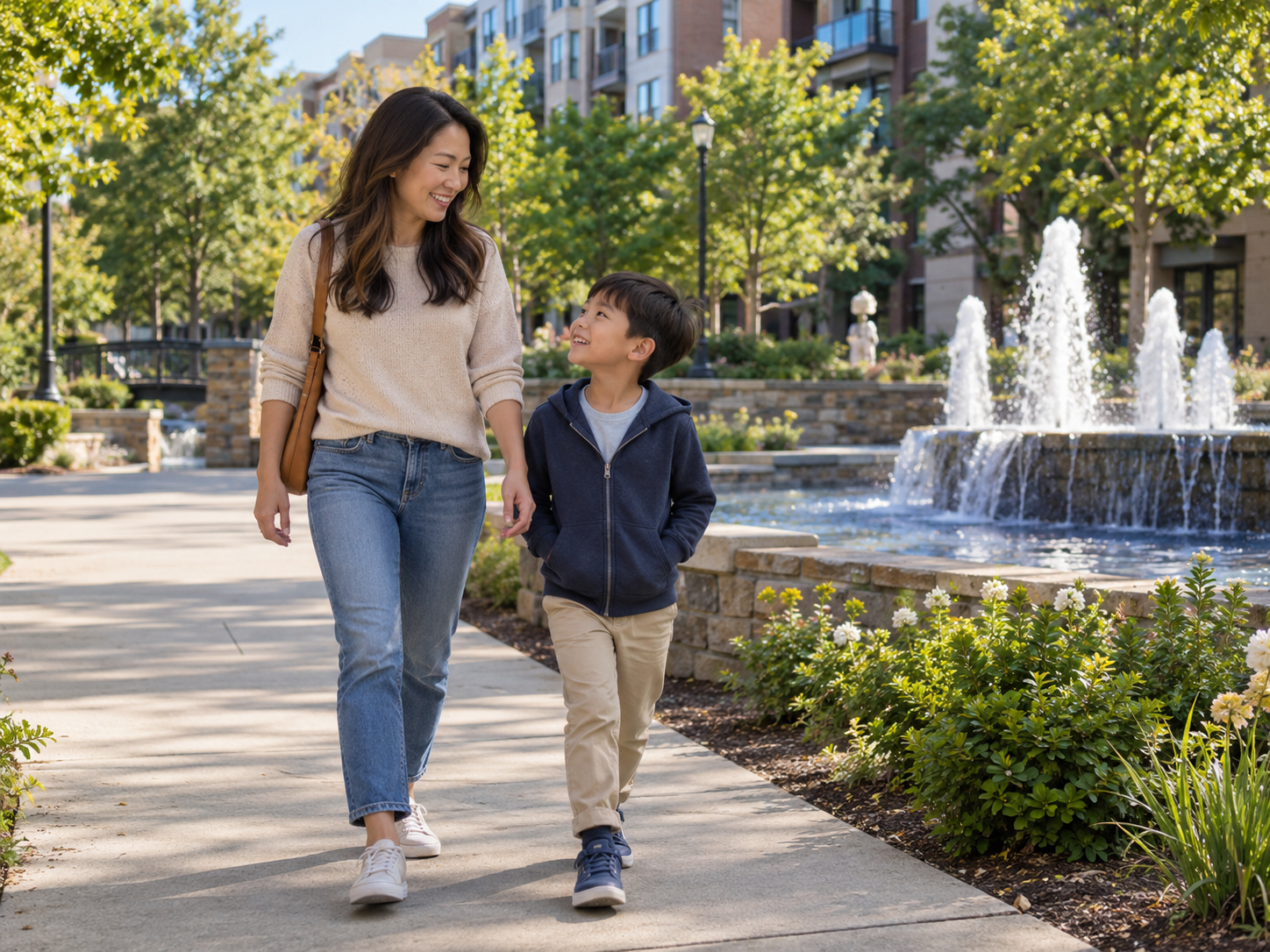 Woman and child walking beside a fountain in a sunny city park